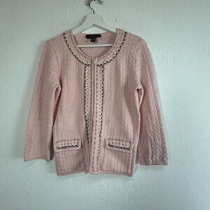 Cable & Gauge Womens Pink Cardigan Sweater Medium Zip Beaded Sequin Embellished